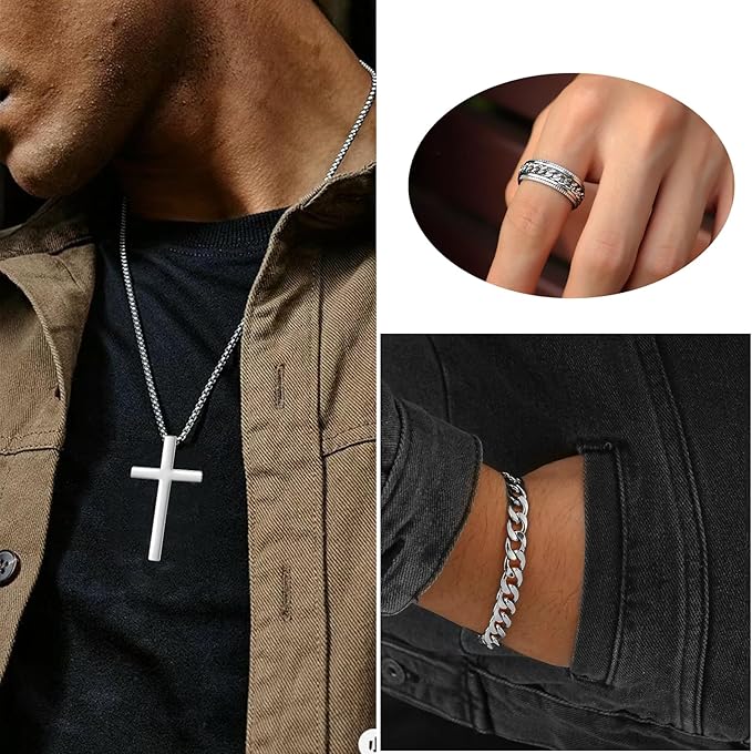 UPHUI Men's 4PCS Watch Set Necklace Bracelet Ring Men's Jewelry Set Men's Fashion Watch Waterproof Business Wristwatch