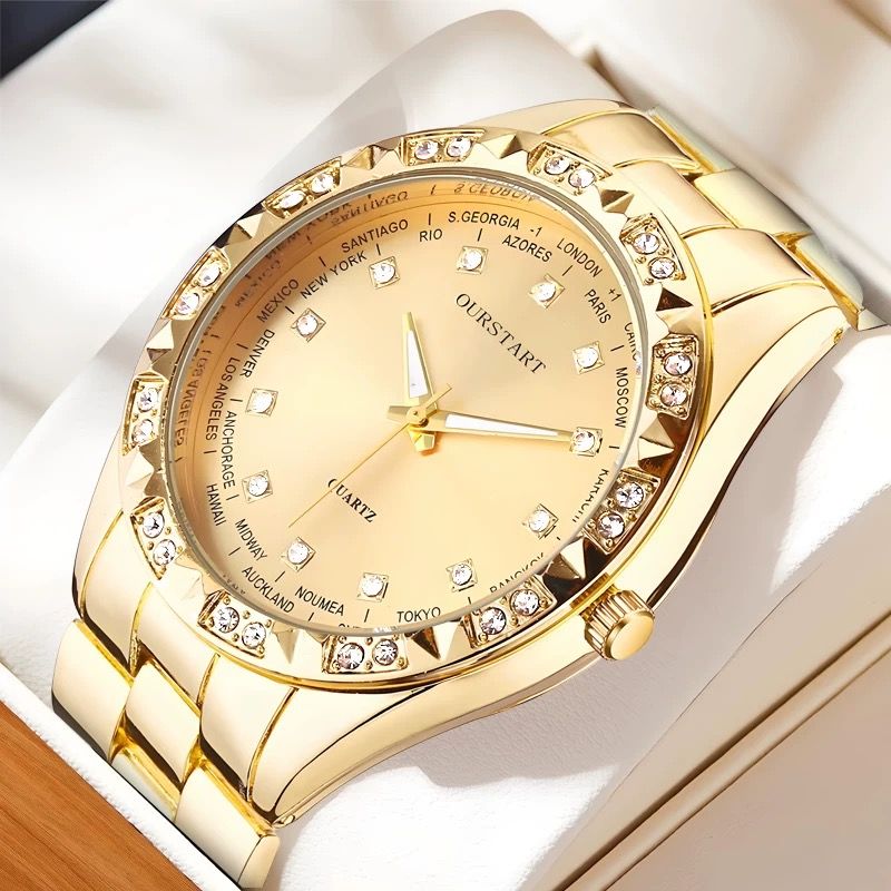 2PCS Lover Watches Business Stainless Steel Back Gold Watch  Classic Diamond Rhinestone Couple Gift Watch  Hip Hop Metal Color Bling Diamond and Steel Strip Women Men Couple Quartz Watch