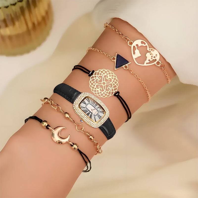 UPHUI 6PCS Women Watch Set Full Diamond Leather Strap Square Watch Women's Watches Luxury Timetable Quartz Fashion Watch Female Wrist Wstch Clock