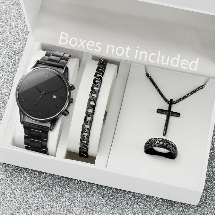 Watch Set Black Men's 4-piece Calendar Exquisite Ring Bracelet Titanium Steel Necklace Thickened Chain Necklace Set Not Easy to Fade Daily Wear Student Dancing Work Leisure Watch Business Wear Gift