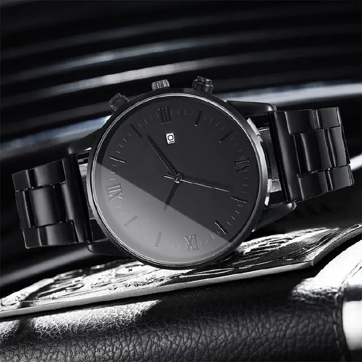 Watch Set Black Men's 4-piece Calendar Exquisite Ring Bracelet Titanium Steel Necklace Thickened Chain Necklace Set Not Easy to Fade Daily Wear Student Dancing Work Leisure Watch Business Wear Gift
