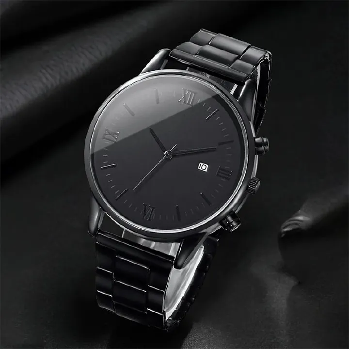 Watch Set Black Men's 4-piece Calendar Exquisite Ring Bracelet Titanium Steel Necklace Thickened Chain Necklace Set Not Easy to Fade Daily Wear Student Dancing Work Leisure Watch Business Wear Gift