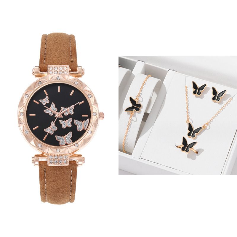 UPHUI 6PCS Women's Watch Earrings Rings Necklace Bracelet Set  Ladies' Butterfly Jewelry Set Women's Wristwatch Leather Strap Quartz Watch Ladies' Butterfly Watch Set