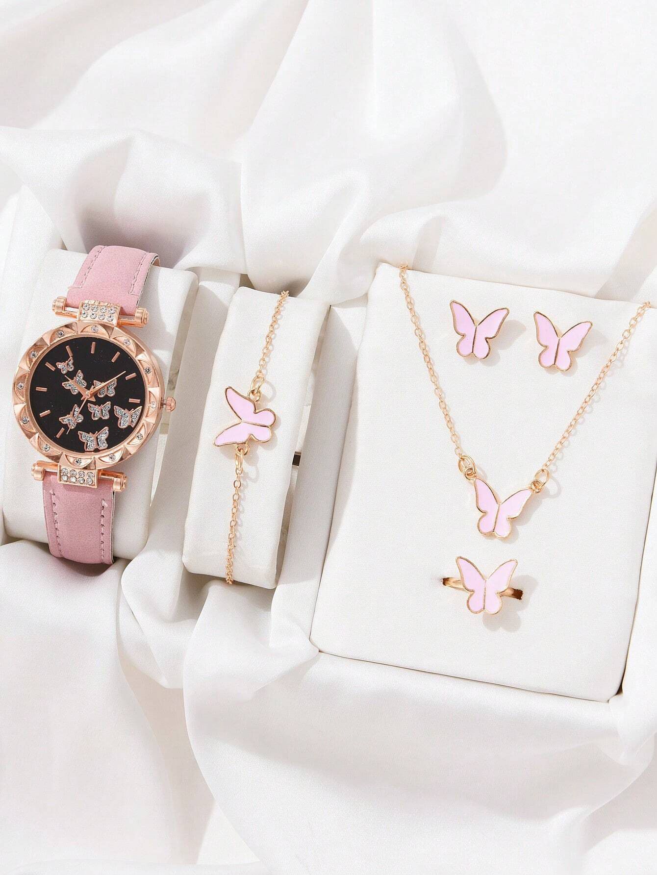 UPHUI 6PCS Women's Watch Earrings Rings Necklace Bracelet Set  Ladies' Butterfly Jewelry Set Women's Wristwatch Leather Strap Quartz Watch Ladies' Butterfly Watch Set