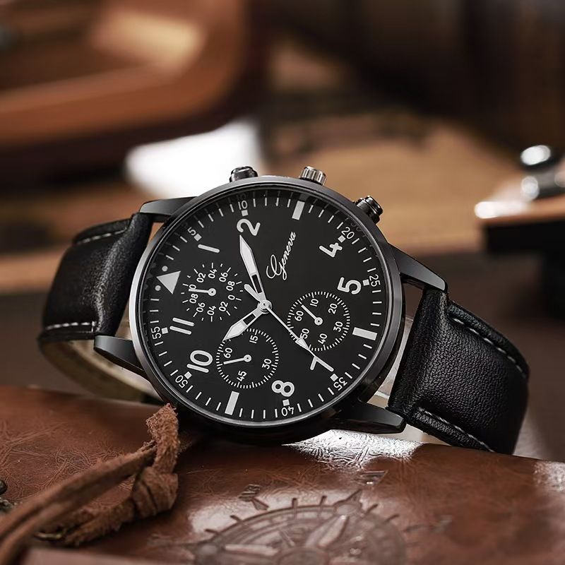 3Pcs Set Men's Watch Sports Watch Men's Business Quartz Watch Luxury Men's Leather Black Strap Watch Bracelet Set Quartz Watch For Daily Wear