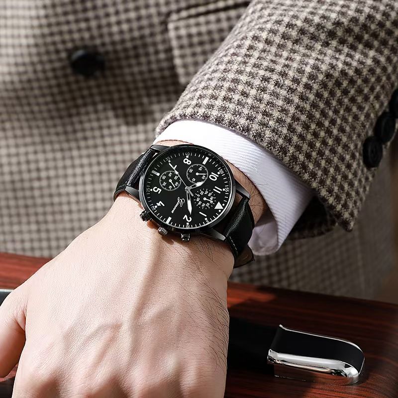 3Pcs Set Men's Watch Sports Watch Men's Business Quartz Watch Luxury Men's Leather Black Strap Watch Bracelet Set Quartz Watch For Daily Wear