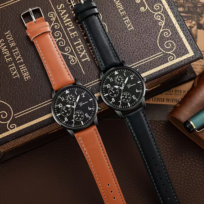 3Pcs Set Men's Watch Sports Watch Men's Business Quartz Watch Luxury Men's Leather Black Strap Watch Bracelet Set Quartz Watch For Daily Wear