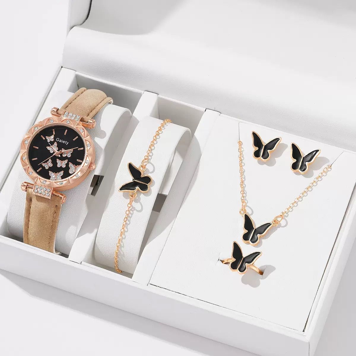 UPHUI 6PCS Women's Watch Earrings Rings Necklace Bracelet Set  Ladies' Butterfly Jewelry Set Women's Wristwatch Leather Strap Quartz Watch Ladies' Butterfly Watch Set