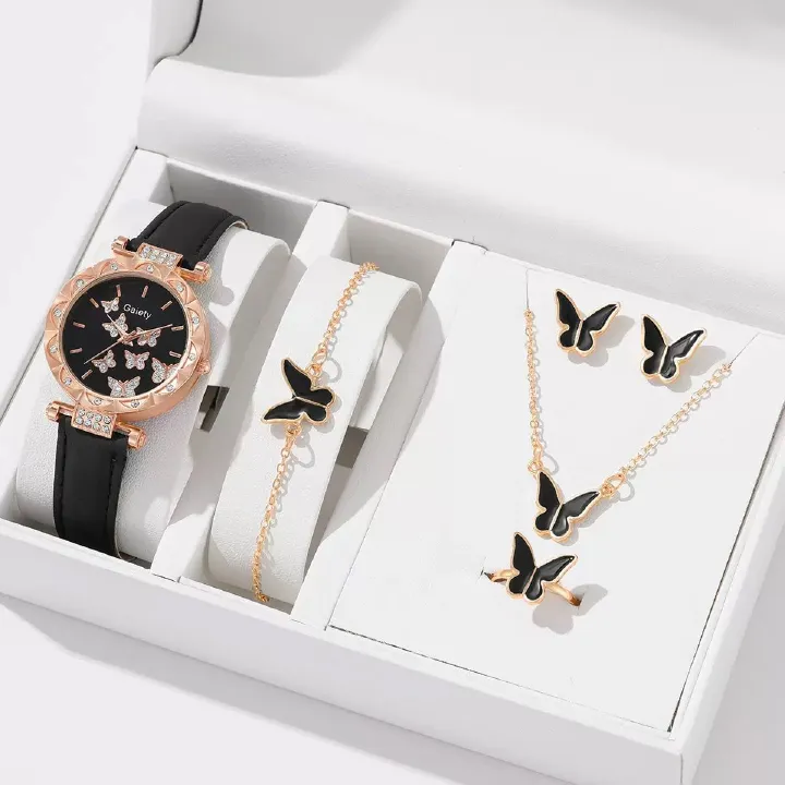 UPHUI 6PCS Women's Watch Earrings Rings Necklace Bracelet Set  Ladies' Butterfly Jewelry Set Women's Wristwatch Leather Strap Quartz Watch Ladies' Butterfly Watch Set