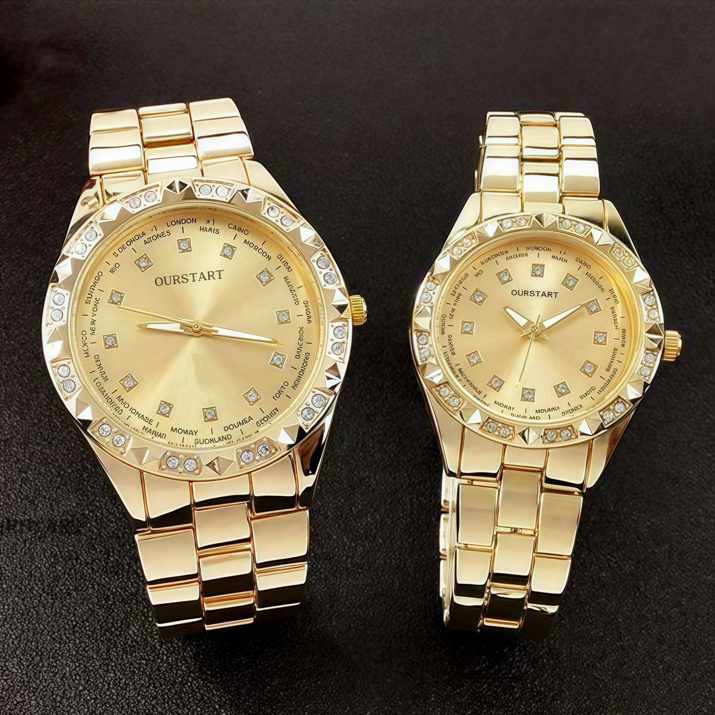 2PCS Lover Watches Business Stainless Steel Back Gold Watch  Classic Diamond Rhinestone Couple Gift Watch  Hip Hop Metal Color Bling Diamond and Steel Strip Women Men Couple Quartz Watch