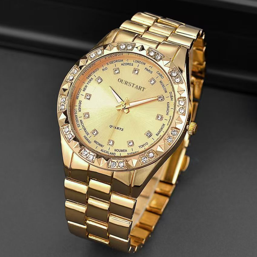 2PCS Lover Watches Business Stainless Steel Back Gold Watch  Classic Diamond Rhinestone Couple Gift Watch  Hip Hop Metal Color Bling Diamond and Steel Strip Women Men Couple Quartz Watch
