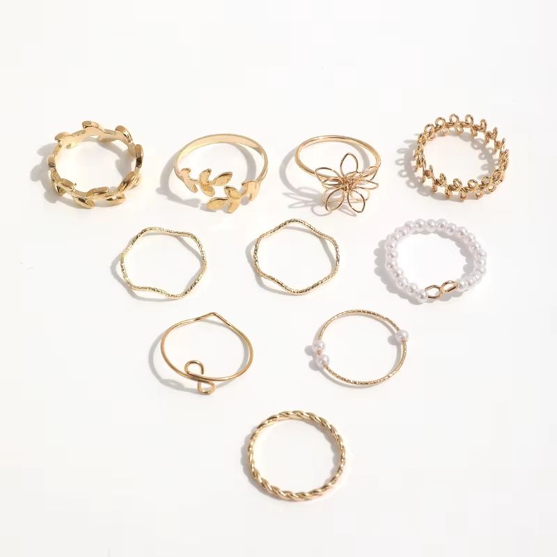 10Pcs Women's Ring Set Open Ring Pearl Ring Flower Ring High Quality Zircon Simple Lightweight Luxury Women's Open Ring
