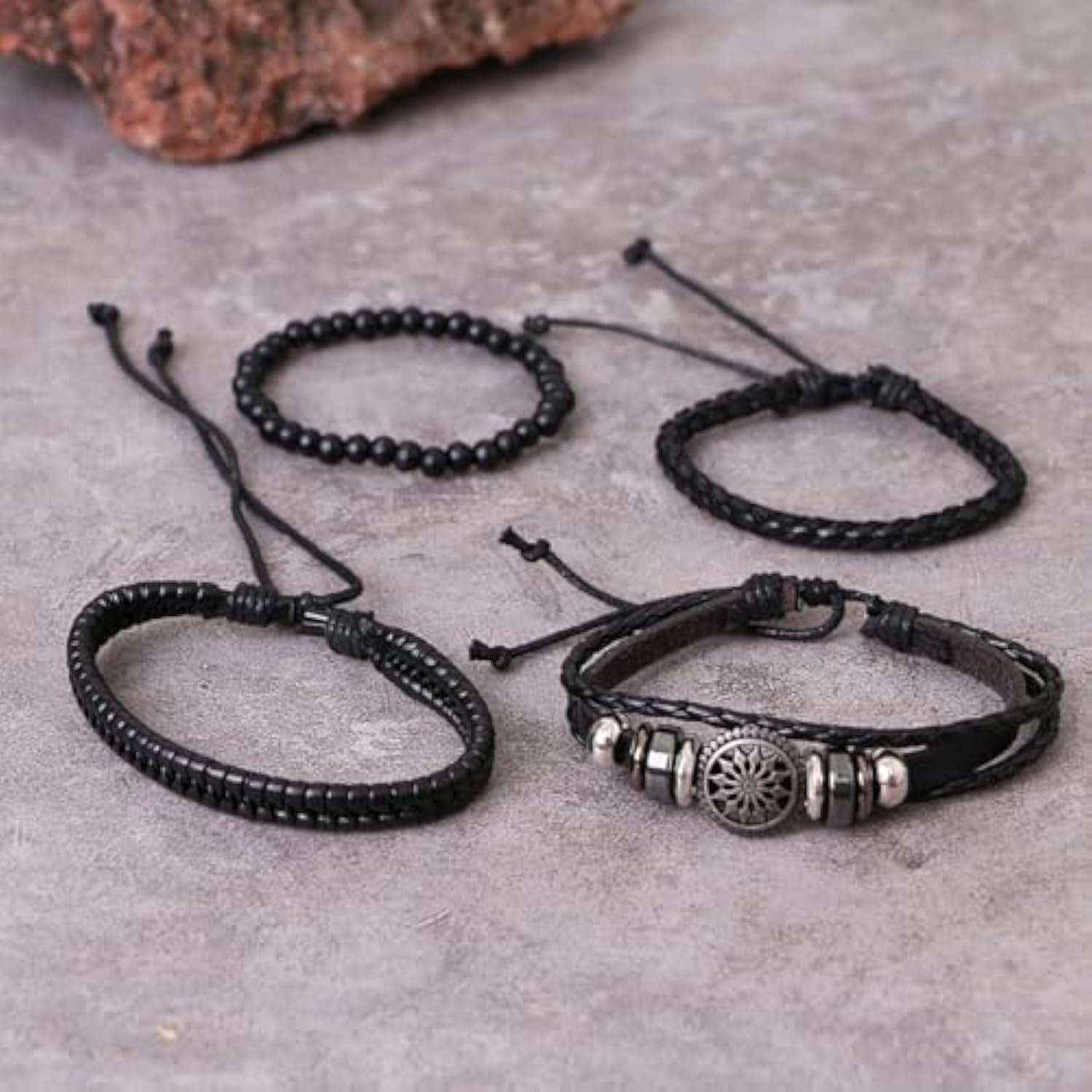 UPHUI 4PCS Black Leather Bracelet Vintage Punk Style Bead Leather Bracelet Multilayer Chunky Wrap Bracelet Woven Leather Cross Guitar Flower Cuff Bracelet for Men and Women