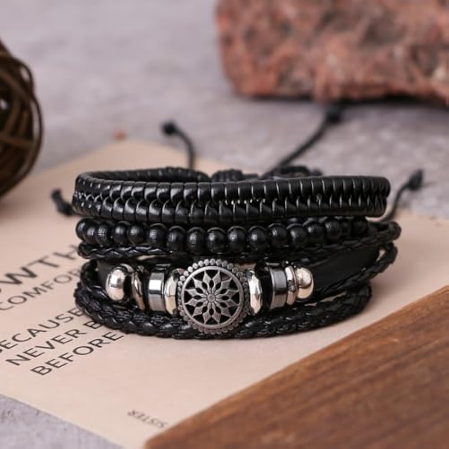 UPHUI 4PCS Black Leather Bracelet Vintage Punk Style Bead Leather Bracelet Multilayer Chunky Wrap Bracelet Woven Leather Cross Guitar Flower Cuff Bracelet for Men and Women