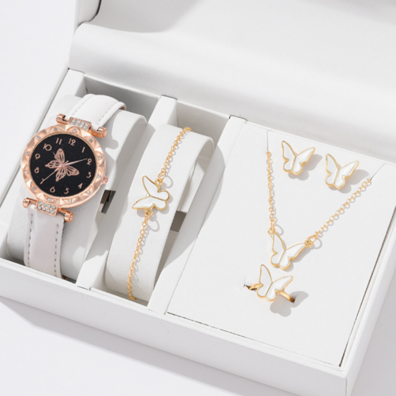 6PCS Women's Watch Earrings Rings Necklace Bracelet Set  Ladies' Butterfly Jewelry Set Women's Wristwatch Leather Strap Quartz Watch Ladies' Butterfly Watch Set
