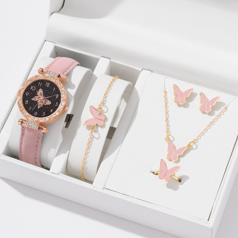 6PCS Women's Watch Earrings Rings Necklace Bracelet Set  Ladies' Butterfly Jewelry Set Women's Wristwatch Leather Strap Quartz Watch Ladies' Butterfly Watch Set
