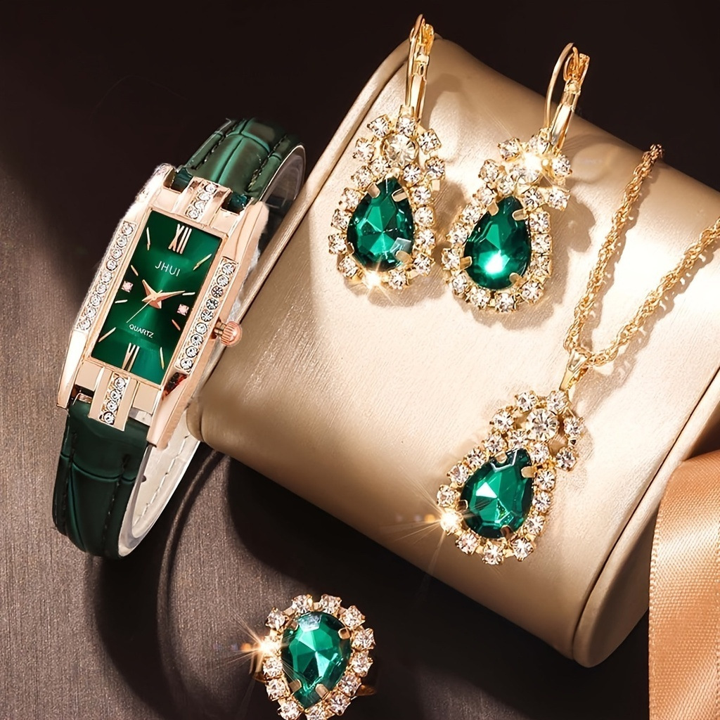 5PCS Women's Watch Earrings Necklace Ring Set Diamond Square Watch Jewelry Set Business Wristwatch  Quartz Ladies' Watch