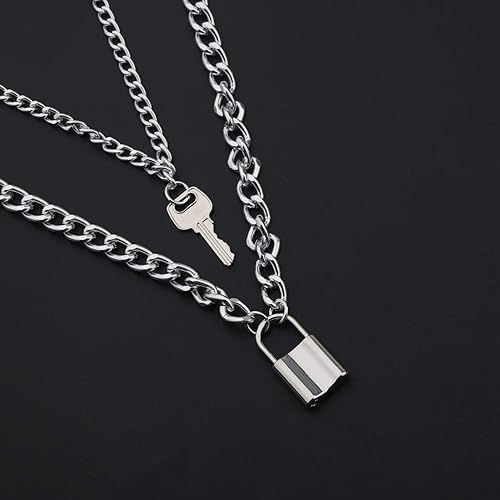 Lock Key Pendant Necklace Statement Long Chain Punk Multilayer Choker Necklace for Women Men