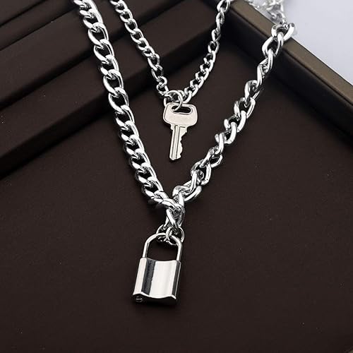 Lock Key Pendant Necklace Statement Long Chain Punk Multilayer Choker Necklace for Women Men