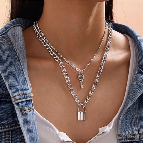 Lock Key Pendant Necklace Statement Long Chain Punk Multilayer Choker Necklace for Women Men