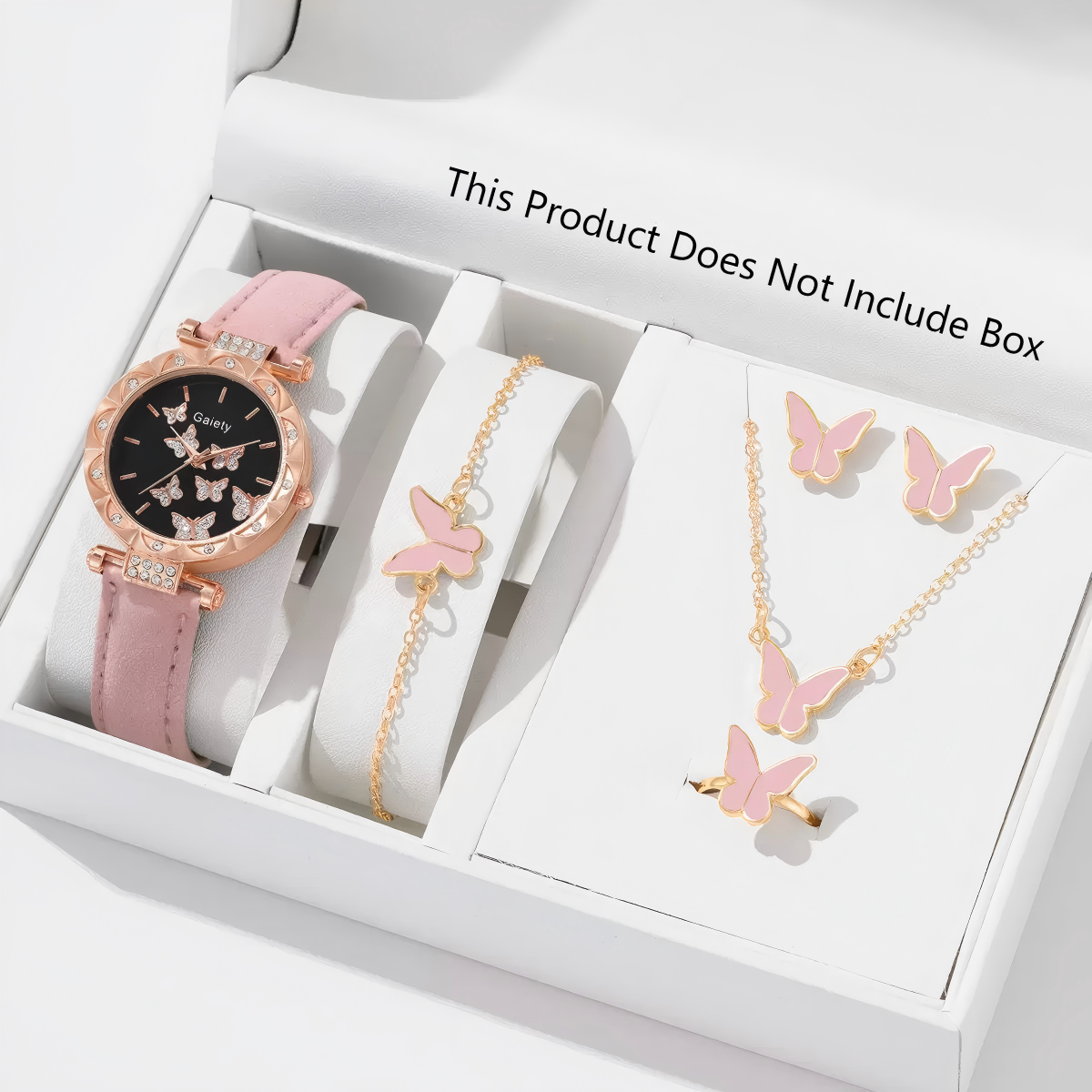 UPHUI 6PCS Women's Watch Earrings Rings Necklace Bracelet Set  Ladies' Butterfly Jewelry Set Women's Wristwatch Leather Strap Quartz Watch Ladies' Butterfly Watch Set