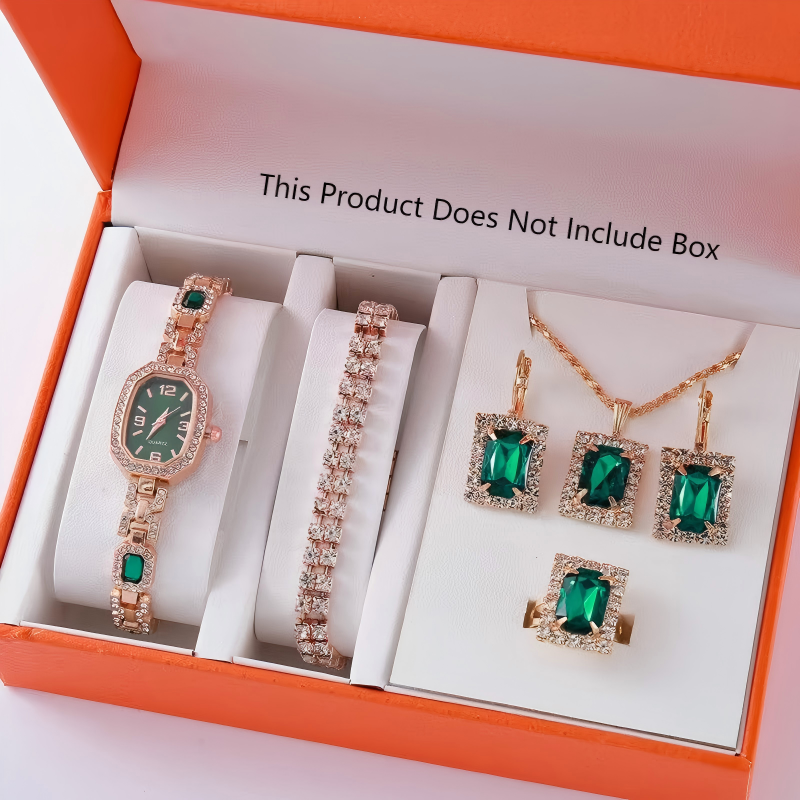 Ladies'Watch Square Inlaid Diamond Steel Strap Ring Necklace Earrings Double Row Full Diamond Bracelet Set Exquisite Elite Elegant Ladies' Casual Diamond Quartz Watch Jewelry Set For Gift Daily Wear
