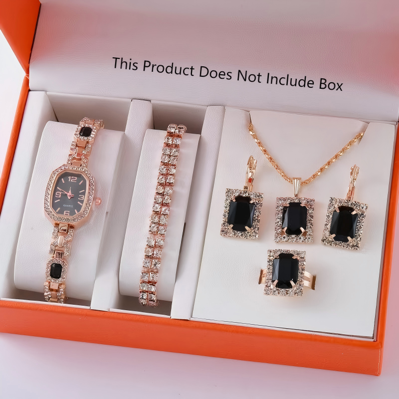 Ladies'Watch Square Inlaid Diamond Steel Strap Ring Necklace Earrings Double Row Full Diamond Bracelet Set Exquisite Elite Elegant Ladies' Casual Diamond Quartz Watch Jewelry Set For Gift Daily Wear