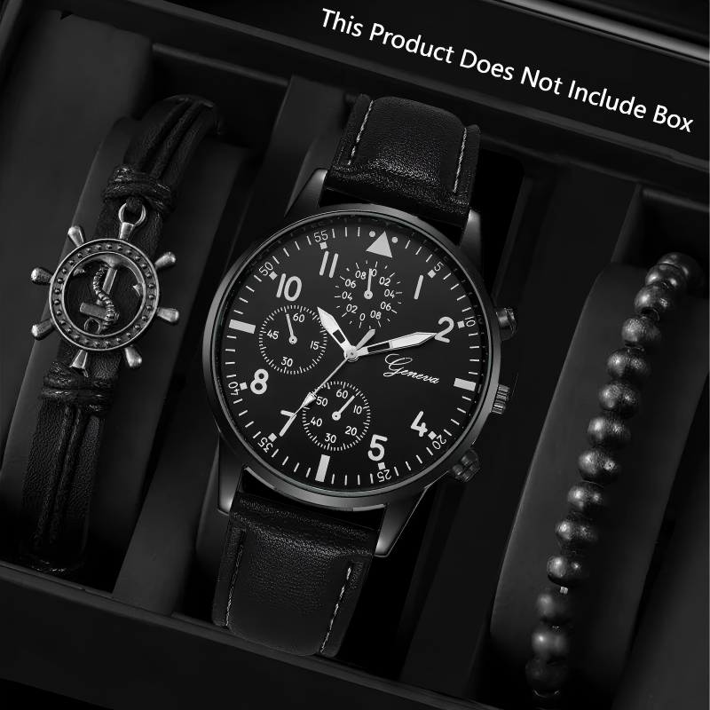 3Pcs Set Men's Watch Sports Watch Men's Business Quartz Watch Luxury Men's Leather Black Strap Watch Bracelet Set Quartz Watch For Daily Wear
