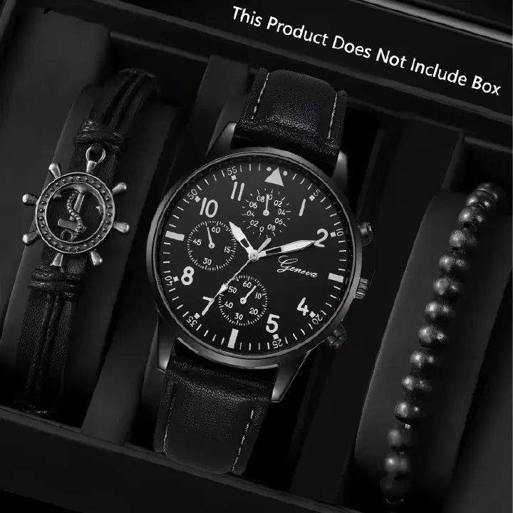 3Pcs Set Men's Watch Sports Watch Men's Business Quartz Watch Luxury Men's Leather Black Strap Watch Bracelet Set Quartz Watch For Daily Wear