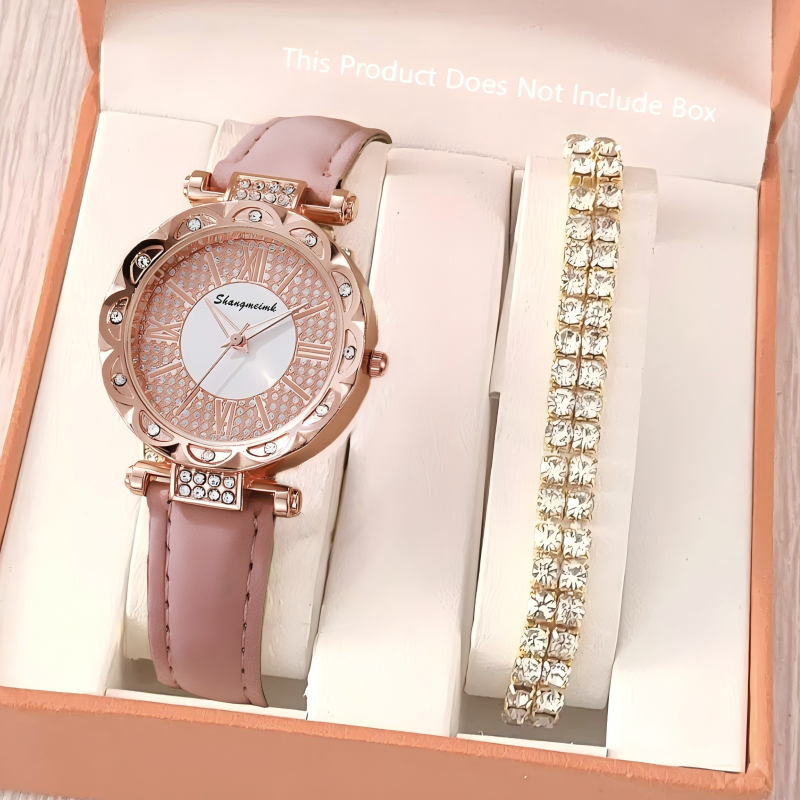 UPHUI 2Pcs Women's Watch Full Diamond Bracelet Set Starry Sky Leather Strap Quartz Watch Women's Fashion Business Wristwatch