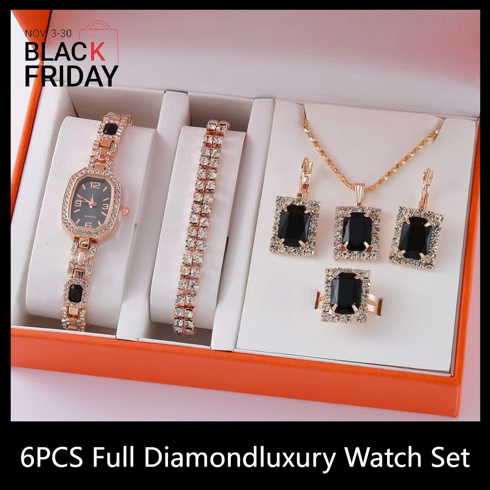Ladies'Watch Square Inlaid Diamond Steel Strap Ring Necklace Earrings Double Row Full Diamond Bracelet Set Exquisite Elite Elegant Ladies' Casual Diamond Quartz Watch Jewelry Set For Gift Daily Wear