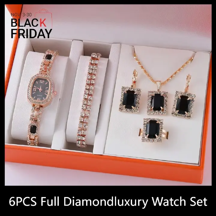 Ladies'Watch Square Inlaid Diamond Steel Strap Ring Necklace Earrings Double Row Full Diamond Bracelet Set Exquisite Elite Elegant Ladies' Casual Diamond Quartz Watch Jewelry Set For Gift Daily Wear