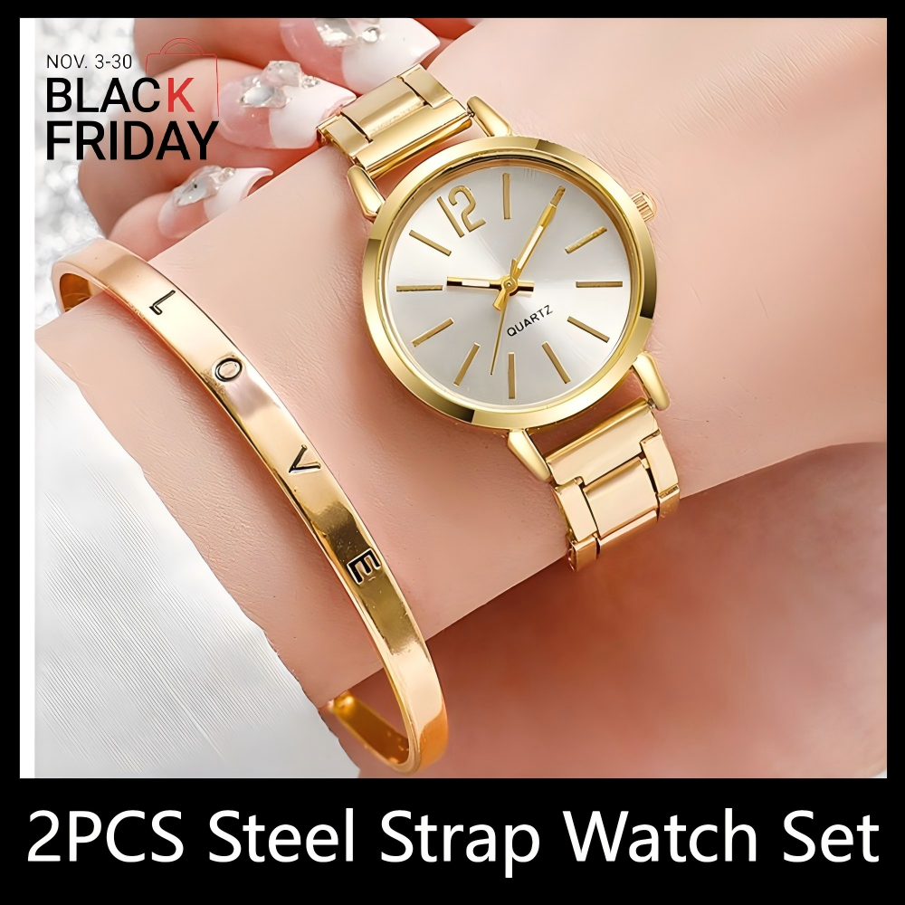 Ladies Fashion Simple Digital Alloy With Quartz Watch Bracelet 2pcs Set Luxury Women Simple Dial Ladies Watches