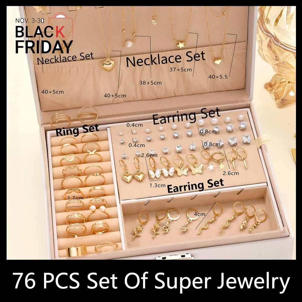 76PCS Luxury Jewelry Set Butterfly Necklace Set Butterfly Ring And Earring Set Diamond And Pearl Earnail Set Elegant Zircon Pendant Earring Ring Necklace Women's Daily Jewelry Gift For Friends