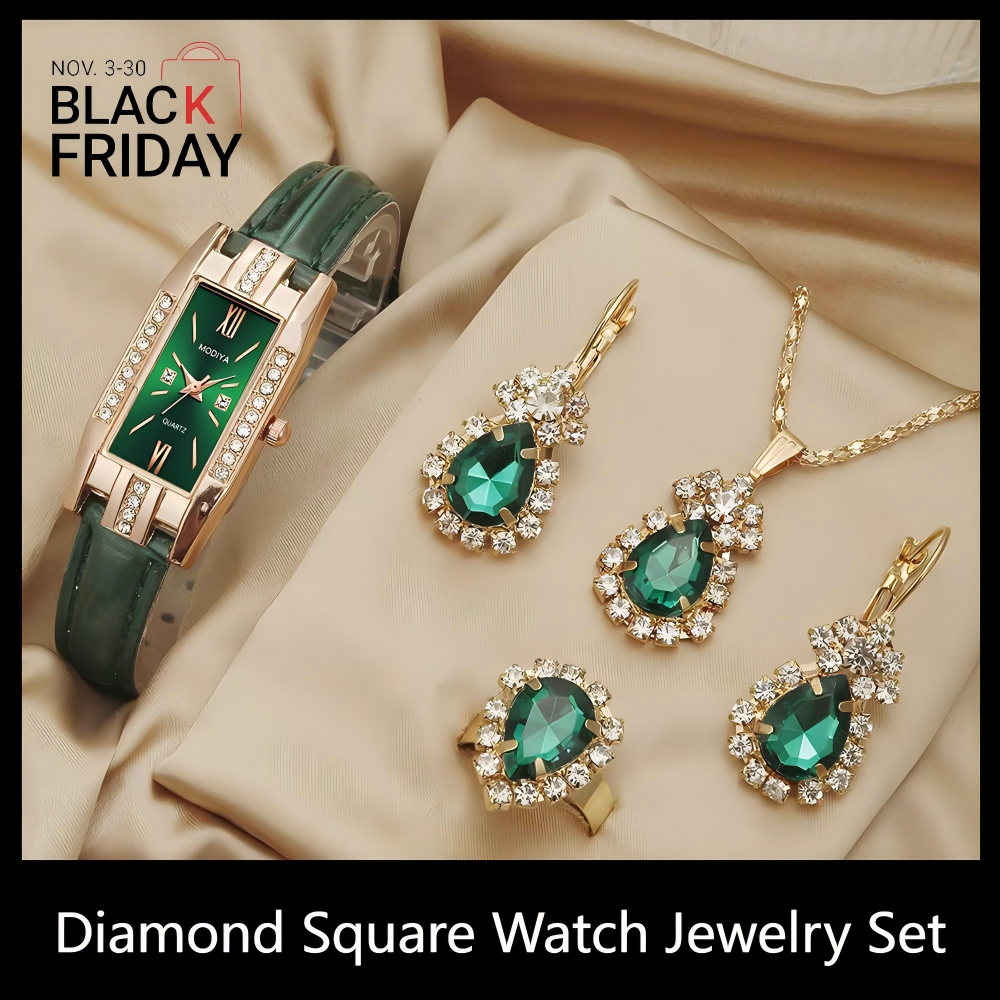 5PCS Women's Watch Earrings Necklace Ring Set Diamond Square Watch Jewelry Set Business Wristwatch  Quartz Ladies' Watch