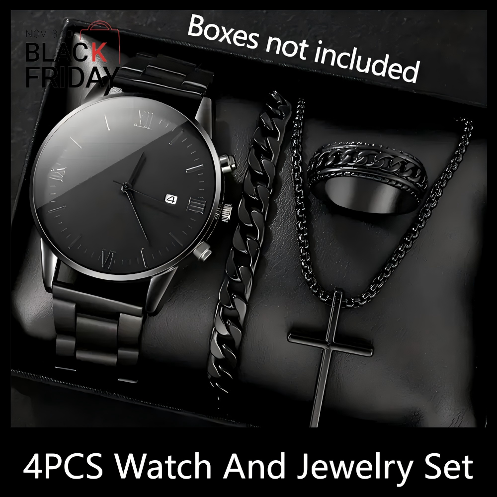 4PCS Men's Watch Set Black Men's Calendar Watch Titanium Steel Rings Bracelet Necklace Black Cross Necklace Set Not Easy to Fade Daily Wear Business Leisure