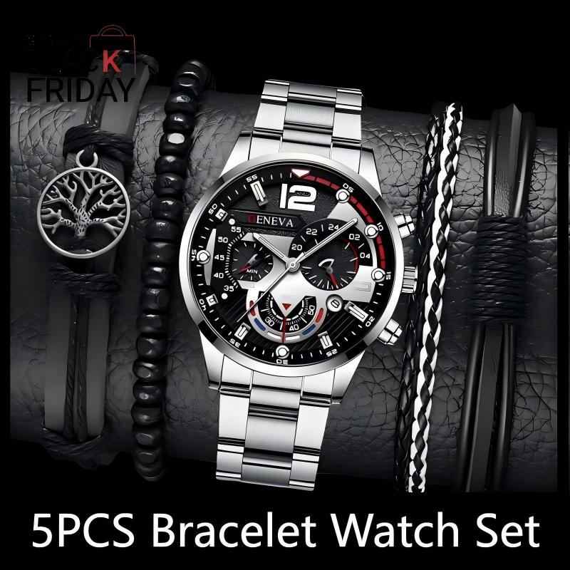 5PCS Men Watch Set Men's Watch And 4PCS Bracelet Fashion With Calendar Sports Business Quartz Steel Strip Watch Men's Sports Watch Male Wrist Watch