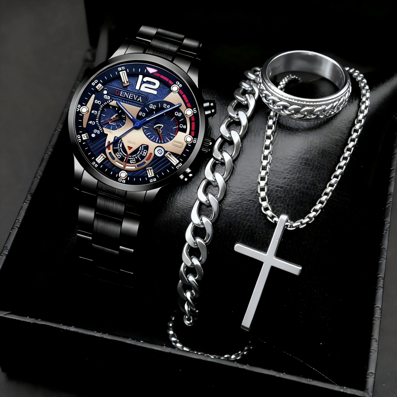 UPHUI Men's 4PCS Watch Set Necklace Bracelet Ring Men's Jewelry Set Men's Fashion Watch Waterproof Business Wristwatch