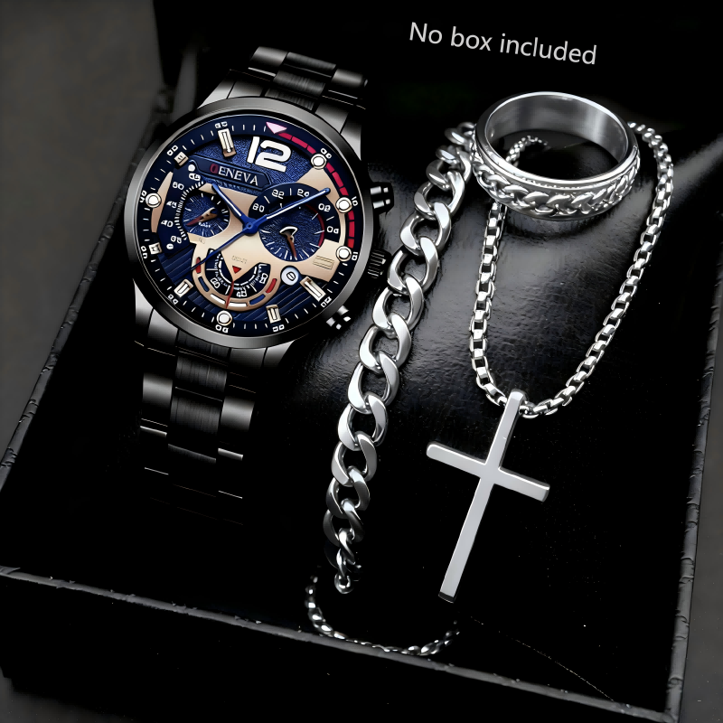 UPHUI Men's 4PCS Watch Set Necklace Bracelet Ring Men's Jewelry Set Men's Fashion Watch Waterproof Business Wristwatch