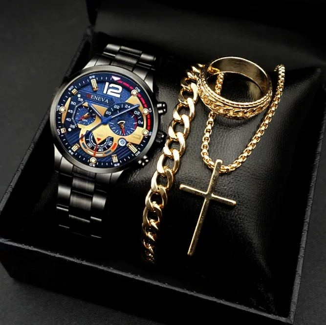 UPHUI Men's 4PCS Watch Set Necklace Bracelet Ring Men's Jewelry Set Men's Fashion Watch Waterproof Business Wristwatch