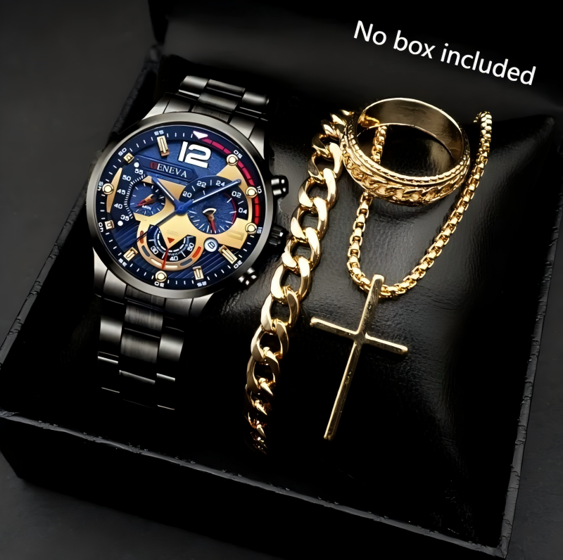 UPHUI Men's 4PCS Watch Set Necklace Bracelet Ring Men's Jewelry Set Men's Fashion Watch Waterproof Business Wristwatch
