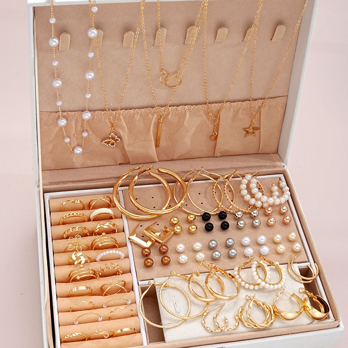 85PCS Luxury Jewelry Set Pearl Necklace Set Fashion Ring and Earring Set Diamond and Pearl Earring Set Elegant Zircon Pendant Earring Necklace Women's Daily Jewelry Gift for Friends