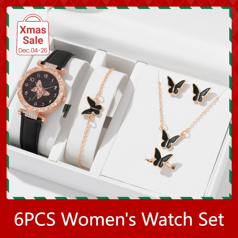 6PCS Women's Watch Earrings Rings Necklace Bracelet Set  Ladies' Butterfly Jewelry Set Women's Wristwatch Leather Strap Quartz Watch Ladies' Butterfly Watch Set
