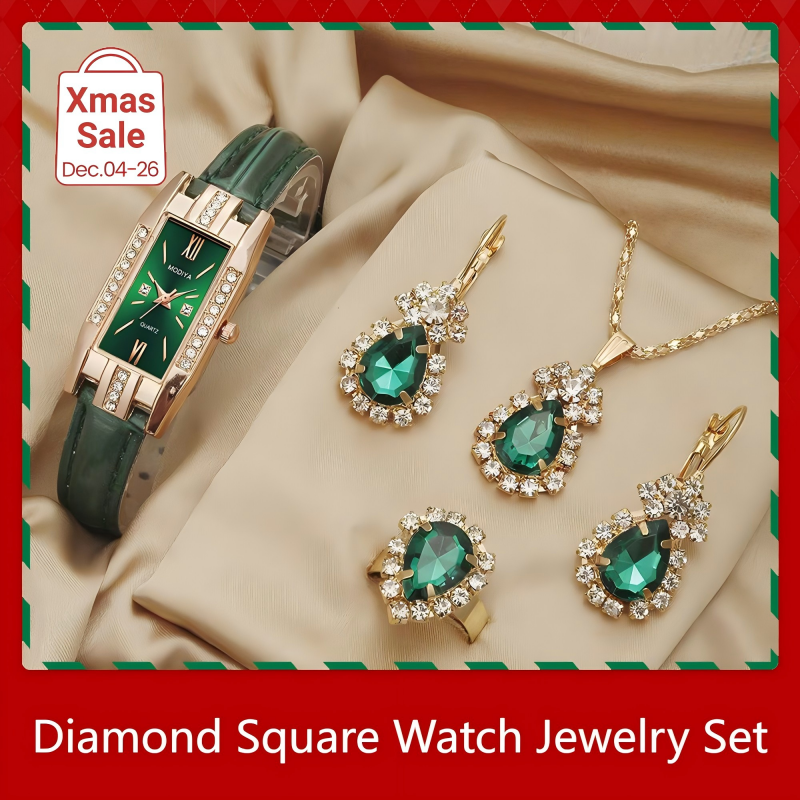5PCS Women's Watch Earrings Necklace Ring Set Diamond Square Watch Jewelry Set Business Wristwatch  Quartz Ladies' Watch