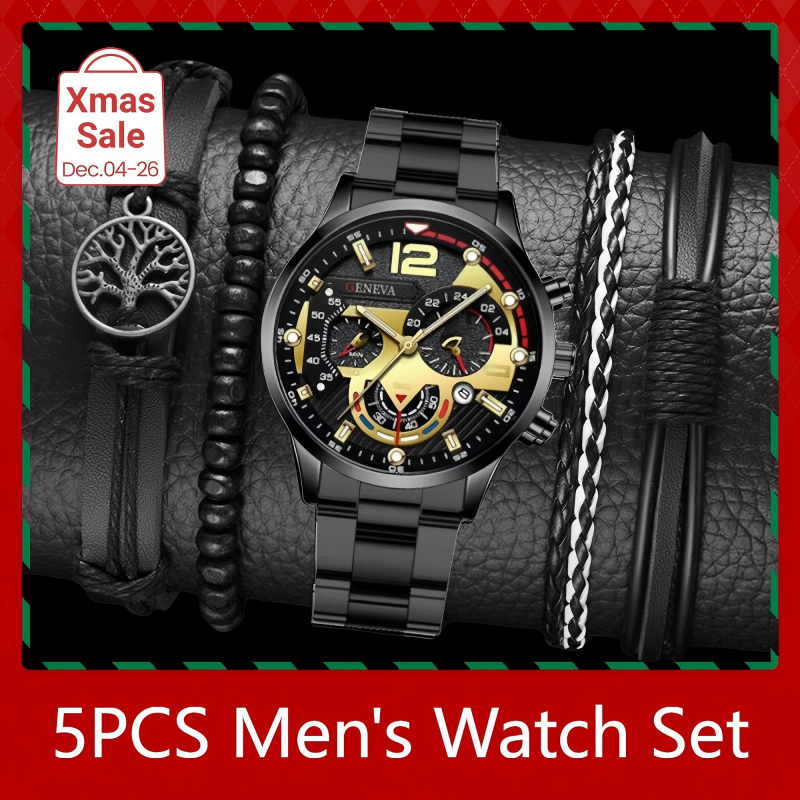 5PCS Men Watch Set Men's Watch And 4PCS Bracelet Fashion With Calendar Sports Business Quartz Steel Strip Watch Men's Sports Watch Male Wrist Watch