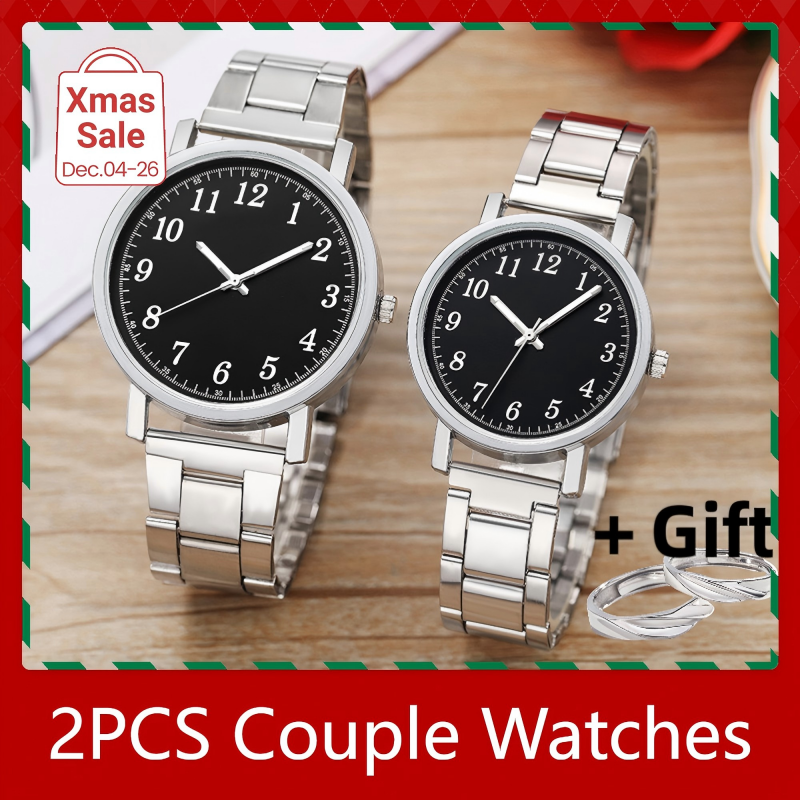 UPHUI 4PCS Couple Watches Set Watch 2 Couple Watch And 2 Couple Ring Couple Alloy Watch Valentine's Day Gift Wedding Gift Silver