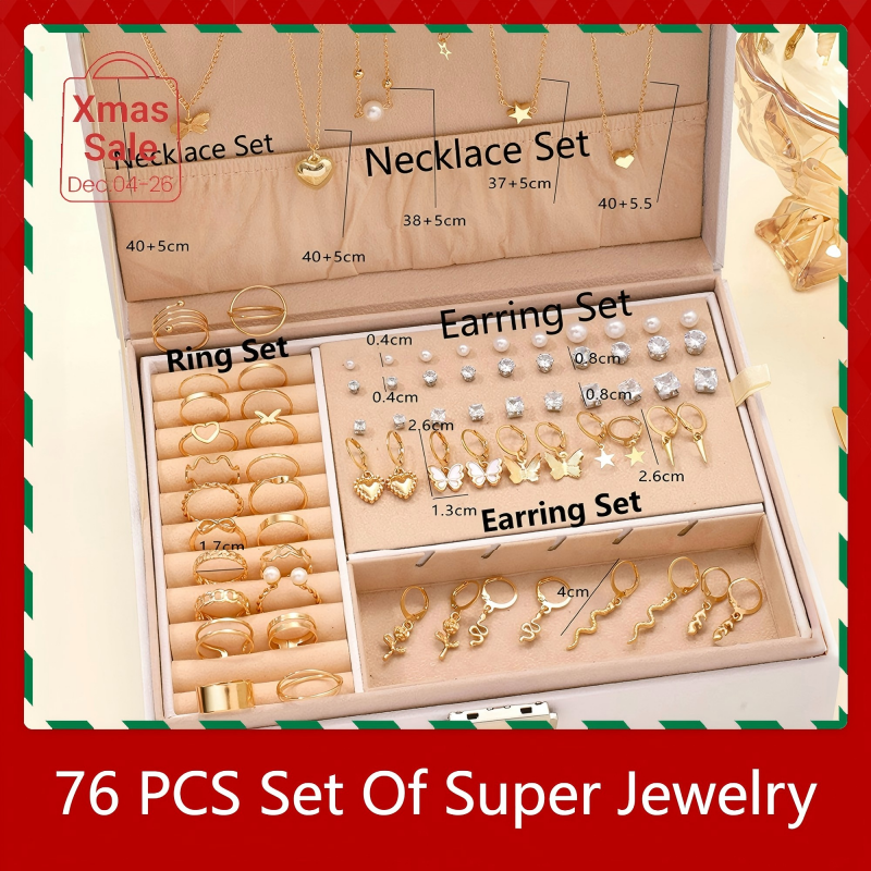 76PCS Luxury Jewelry Set Butterfly Necklace Set Butterfly Ring And Earring Set Diamond And Pearl Earnail Set Elegant Zircon Pendant Earring Ring Necklace Women's Daily Jewelry Gift For Friends