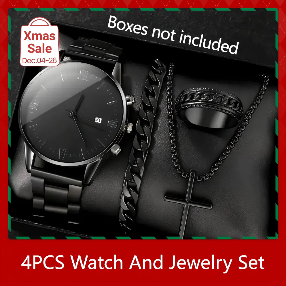 4PCS Men's Watch Set Black Men's Calendar Watch Titanium Steel Rings Bracelet Necklace Black Cross Necklace Set Not Easy to Fade Daily Wear Business Leisure