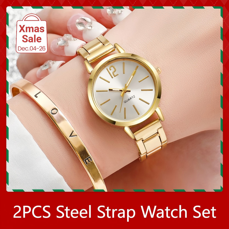 Ladies Fashion Simple Digital Alloy With Quartz Watch Bracelet 2pcs Set Luxury Women Simple Dial Ladies Watches