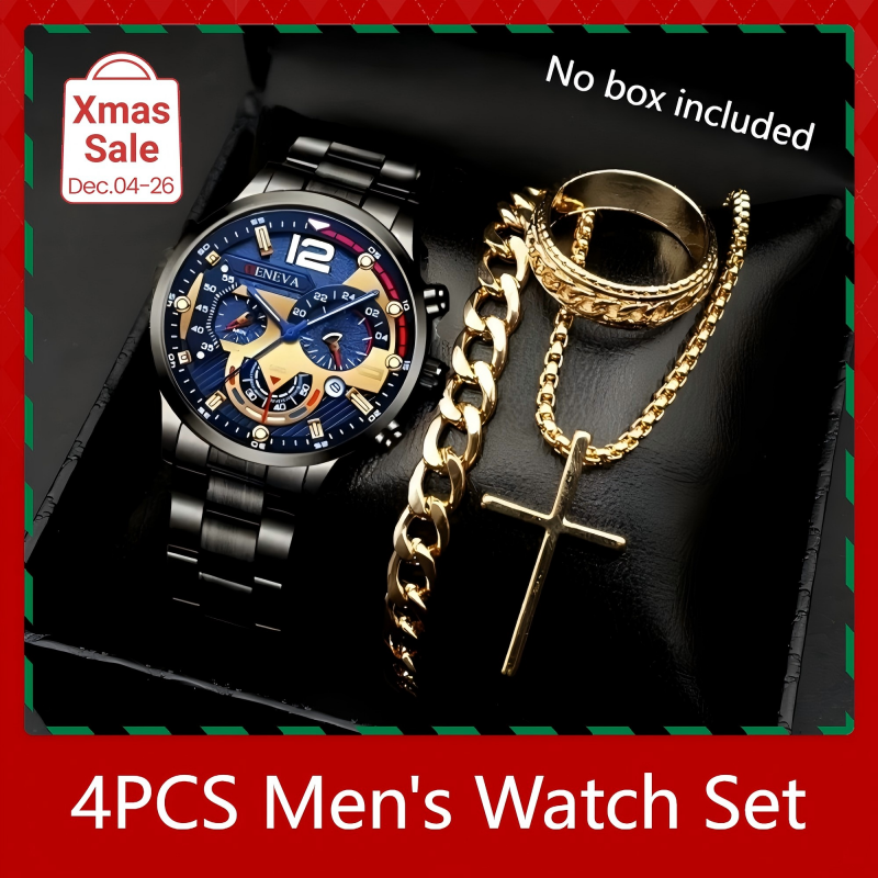 UPHUI Men's 4PCS Watch Set Necklace Bracelet Ring Men's Jewelry Set Men's Fashion Watch Waterproof Business Wristwatch